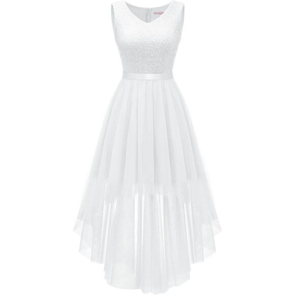BeryLove Women Tulle Sequin White Chiffon Scoop Neck Sleeveless Cocktail Dresses - Picture 1 of 7